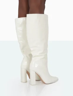 Public Desire Posie Wide Fit Ecru Croc Knee High Block Heel Boots | Women Sock Fit Boots