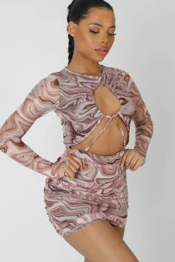 Public Desire Printed Mesh Cut Out Ruched Mini Dress | Women Dresses