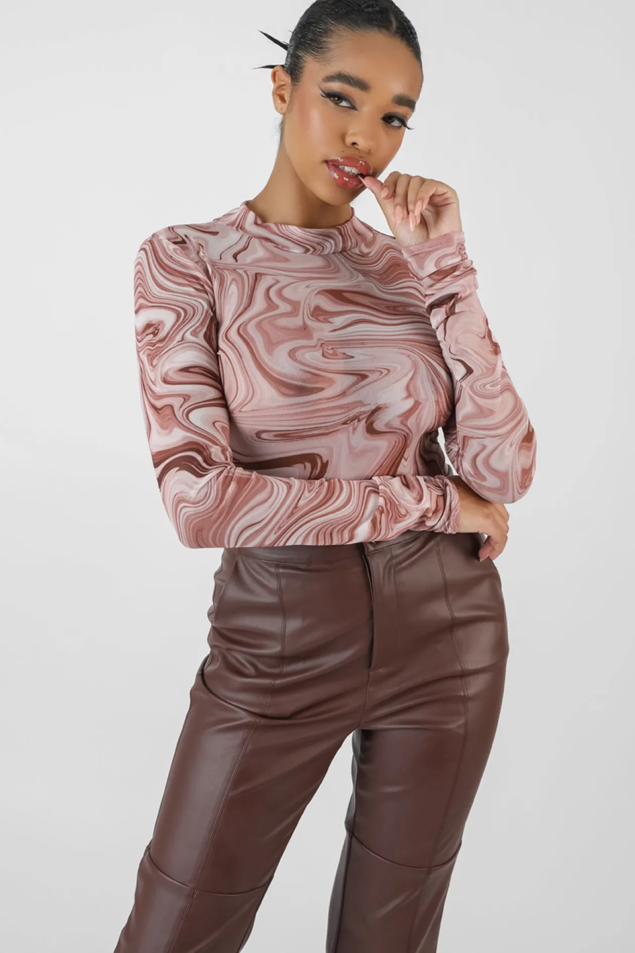 Public Desire Printed Mesh High Neck Bodysuit | Women Bodysuits