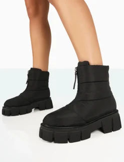 Public Desire Puffy Nylon Zip Up Chunky Sole Snow Ankle Boots | Women Chunky Boots