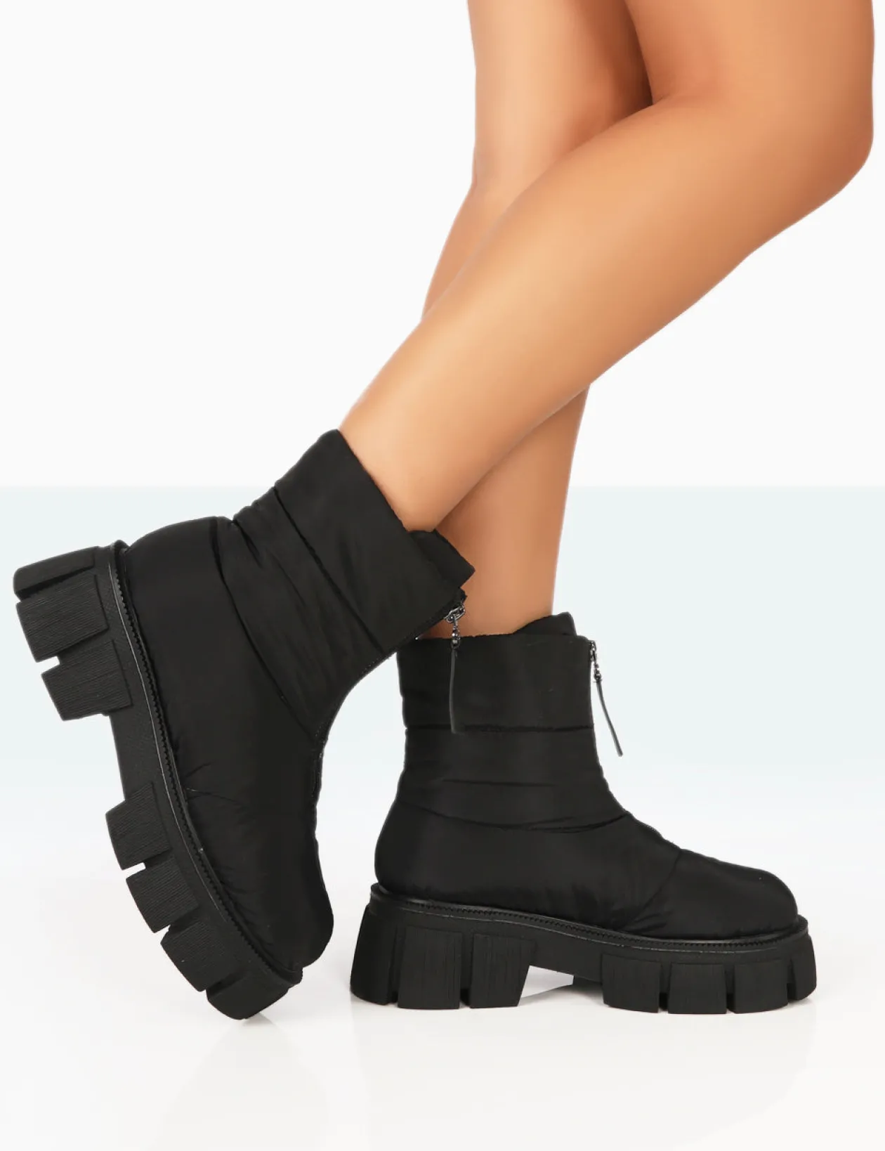 Public Desire Puffy Nylon Zip Up Chunky Sole Snow Ankle Boots | Women Chunky Boots