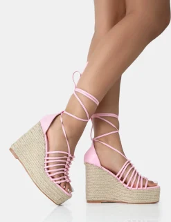 Public Desire Reece Baby Pu Knot Strap Lace Up Raffia Wedge Heels | Women Wedges