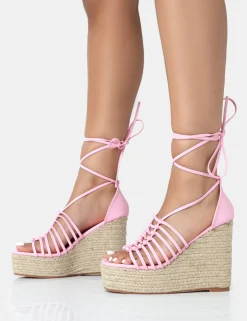 Public Desire Reece Baby Pu Knot Strap Lace Up Raffia Wedge Heels | Women Wedges