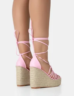 Public Desire Reece Baby Pu Knot Strap Lace Up Raffia Wedge Heels | Women Wedges