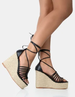 Public Desire Reece Pu Knot Strap Lace Up Raffia Wedge Heels | Women Wedges