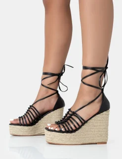 Public Desire Reece Pu Knot Strap Lace Up Raffia Wedge Heels | Women Wedges