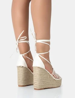 Public Desire Reece Wide Fit Pu Knot Strap Lace Up Raffia Wedge Heels | Women Wide Fit Heels