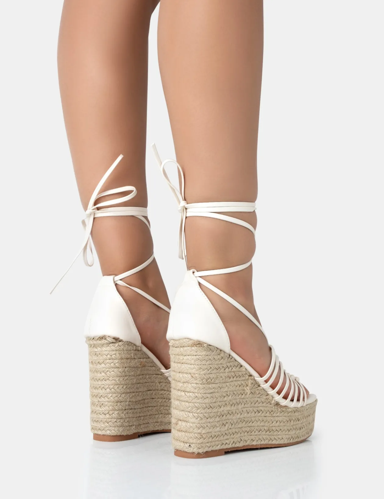 Public Desire Reece Wide Fit Pu Knot Strap Lace Up Raffia Wedge Heels | Women Wide Fit Heels