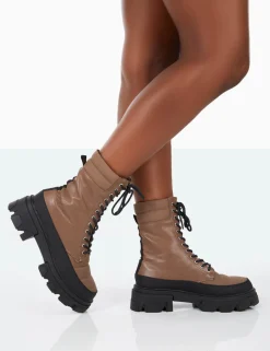 Public Desire Refresh Mocha Pu Nylon Lace Up Platform Chunky Sole Ankle Boots | Women Chunky Boots