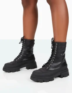 Public Desire Refresh Pu Nylon Lace Up Platform Chunky Sole Ankle Boots | Women Chunky Boots