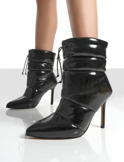 Public Desire Reset Patent Puffer Drawstring Stiletto Heeled Boots | Women Heeled Boots
