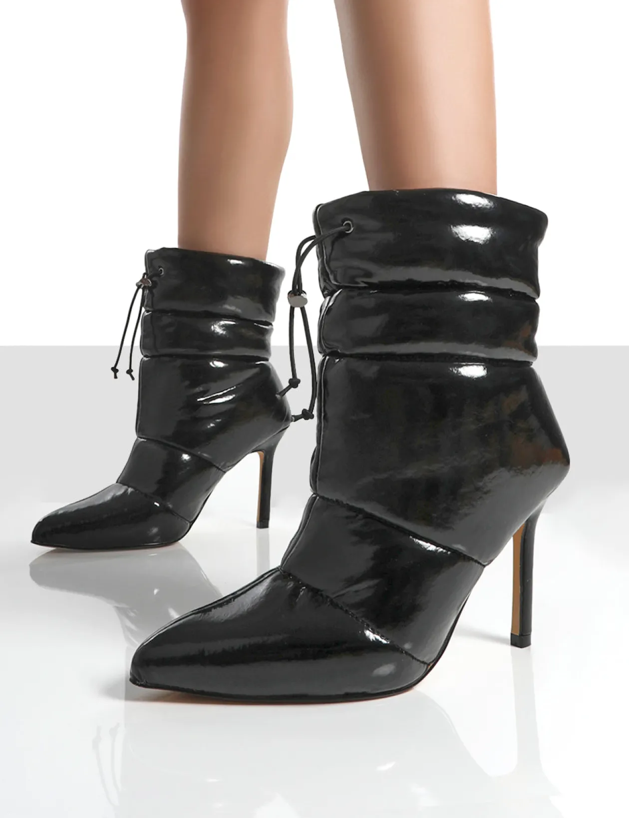 Public Desire Reset Patent Puffer Drawstring Stiletto Heeled Boots | Women Heeled Boots