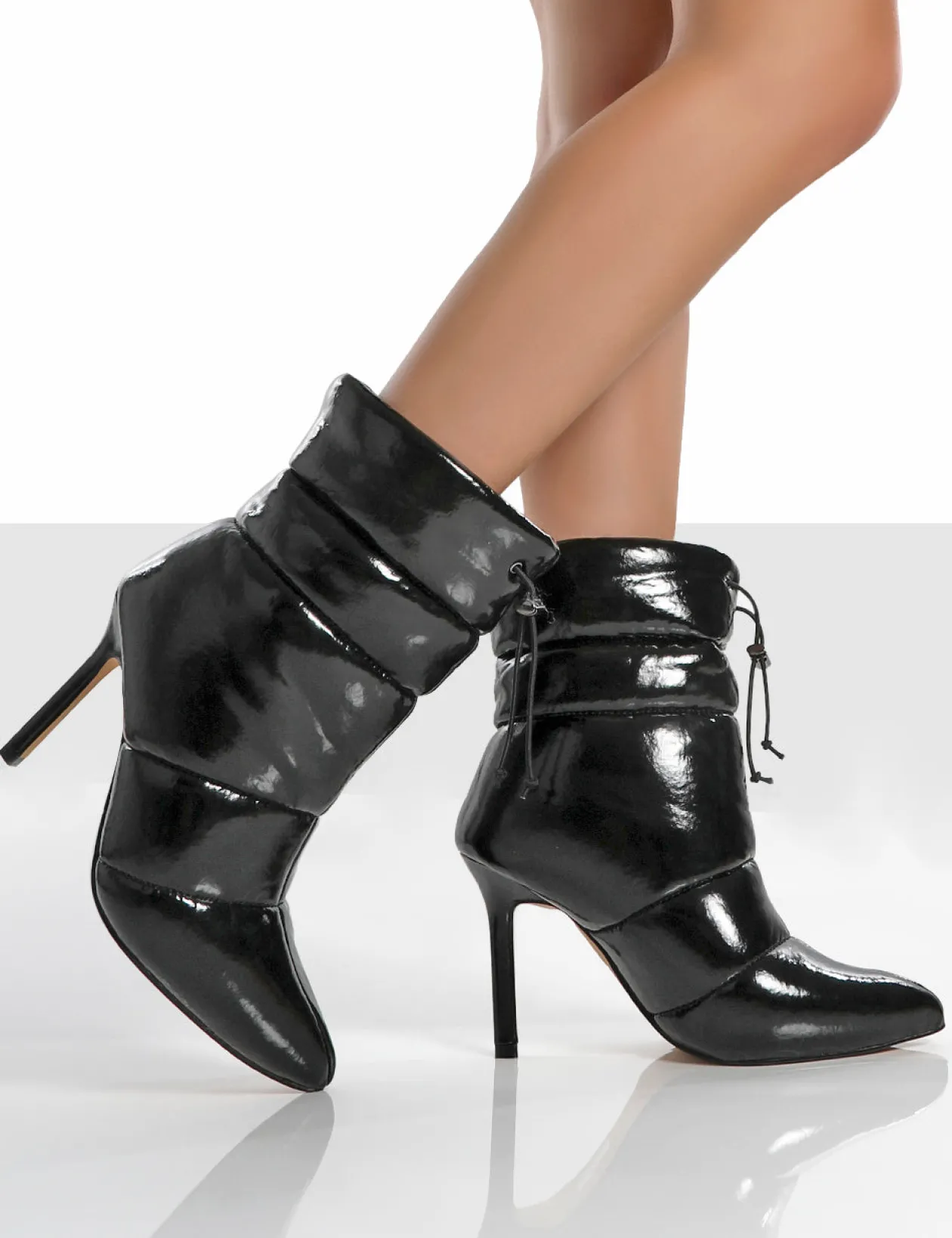 Public Desire Reset Patent Puffer Drawstring Stiletto Heeled Boots | Women Heeled Boots