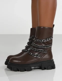Public Desire Restrain Chocolate Pu Chain Detail Platform Chunky Sole Ankle Boot | Women Ankle Boots