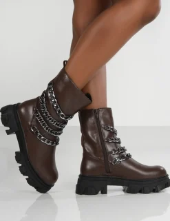 Public Desire Restrain Chocolate Pu Chain Detail Platform Chunky Sole Ankle Boot | Women Ankle Boots