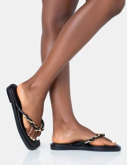 Public Desire Retreat Pu Chain Strap Flip Flop Sandals | Women Black Sandals