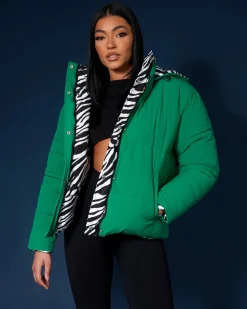 Public Desire Reversible Quilted Puffer Green And Zebra | Women Outerwear & Jackets