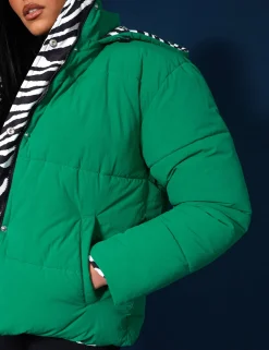 Public Desire Reversible Quilted Puffer Green And Zebra | Women Outerwear & Jackets