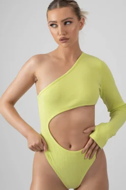 Public Desire Ribbed Cut Out One Sleeve Bodysuit Lime | Women Bodysuits
