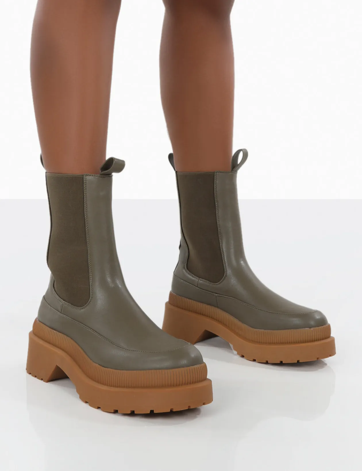 Public Desire Rise Khaki Platform Chunky Rubber Sole Chelsea Boots | Women Flat Boots