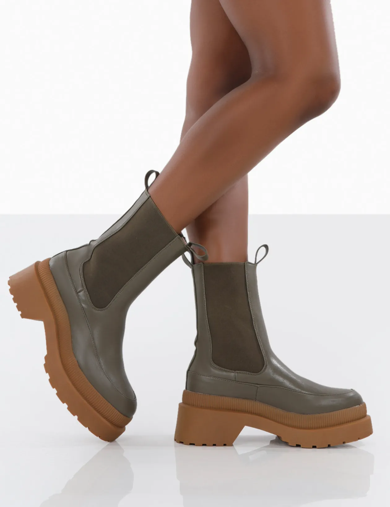 Public Desire Rise Khaki Platform Chunky Rubber Sole Chelsea Boots | Women Flat Boots