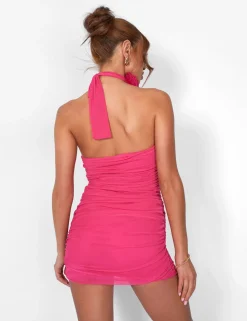 Public Desire Rose Detail Bandeau Mesh Mini Dress Hot Pink | Women Dresses