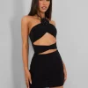 Public Desire Rose Detail Halter Tie Neck Mini Dress Black | Women Dresses