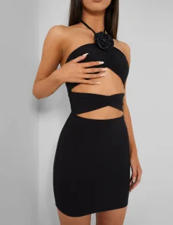 Public Desire Rose Detail Halter Tie Neck Mini Dress Black | Women Dresses