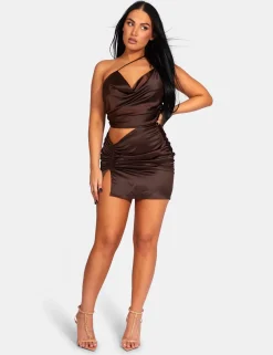 Public Desire Ruched Side Strappy Waist Satin Dress Dark | Women Dresses