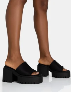 Public Desire Sabeena Black Chunky Mule Round Toe Mid Heel Sandals | Women Heeled Mules