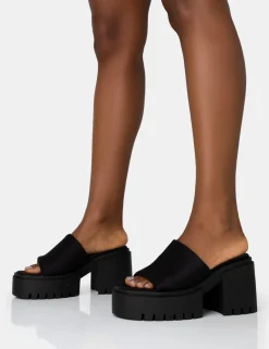 Public Desire Sabeena Black Chunky Mule Round Toe Mid Heel Sandals | Women Heeled Mules