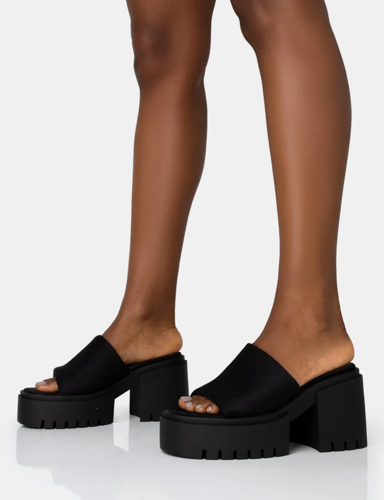 Public Desire Sabeena Black Chunky Mule Round Toe Mid Heel Sandals | Women Heeled Mules