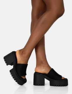 Public Desire Sabeena Black Chunky Mule Round Toe Mid Heel Sandals | Women Heeled Mules