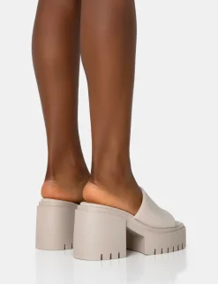 Public Desire Sabeena Ecru Chunky Mule Round Toe Mid Heel Sandals | Women Heeled Mules