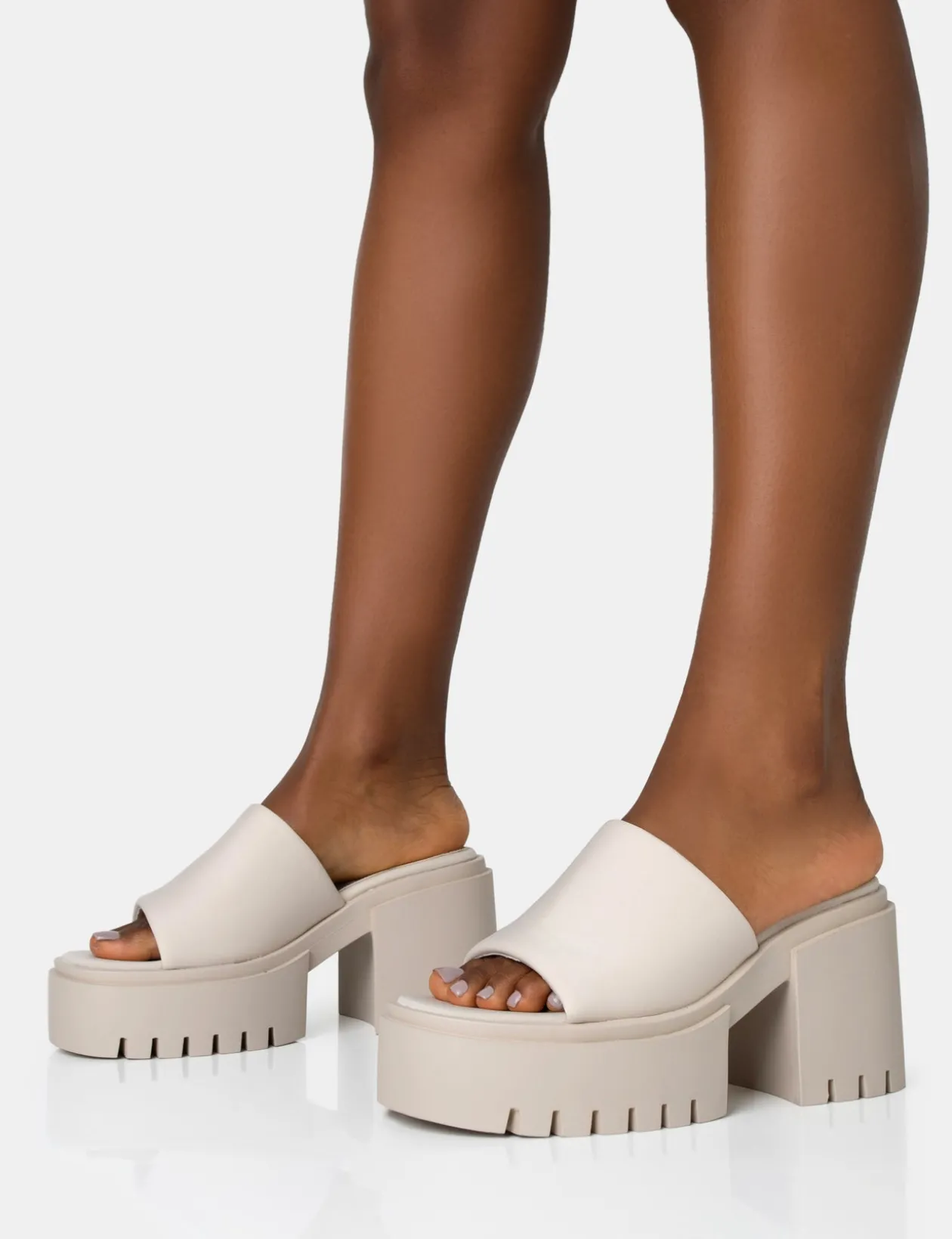 Public Desire Sabeena Ecru Chunky Mule Round Toe Mid Heel Sandals | Women Heeled Mules
