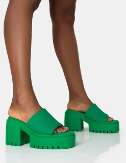 Public Desire Sabeena Green Chunky Mule Round Toe Mid Heel Sandals | Women Heeled Mules
