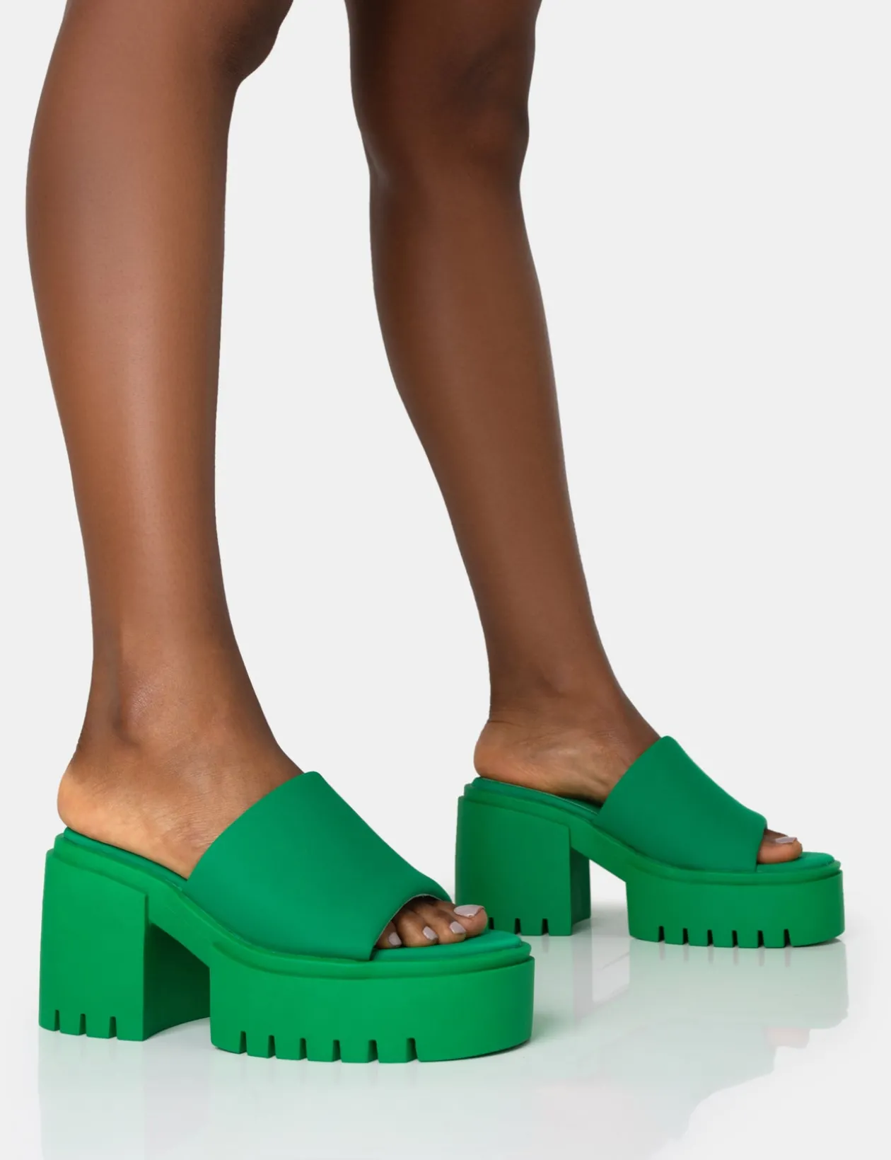 Public Desire Sabeena Green Chunky Mule Round Toe Mid Heel Sandals | Women Heeled Mules