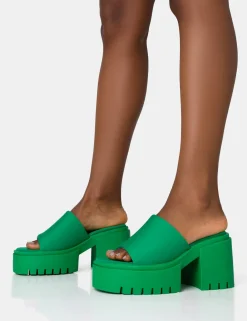 Public Desire Sabeena Green Chunky Mule Round Toe Mid Heel Sandals | Women Heeled Mules