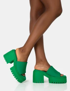 Public Desire Sabeena Green Chunky Mule Round Toe Mid Heel Sandals | Women Heeled Mules