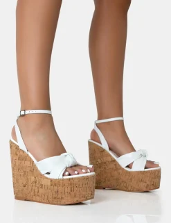 Public Desire Sandy Pu Knot Strap Round Toe Cork Wedge Heels | Women Wedges