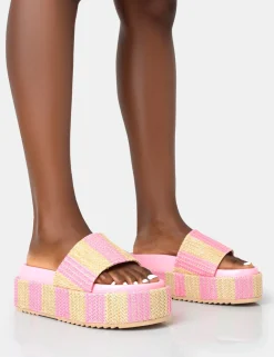 Public Desire Seashore Stripe Raffia Slider Flatform Sandals | Women Chunky Sandals