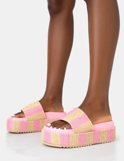 Public Desire Seashore Stripe Raffia Slider Flatform Sandals | Women Chunky Sandals