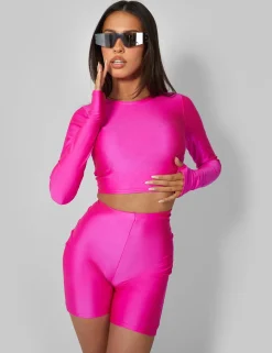 Public Desire Second Skin Long Sleeve Fitted T-Shirt Hot Pink | Women Tops