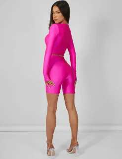 Public Desire Second Skin Long Sleeve Fitted T-Shirt Hot Pink | Women Tops
