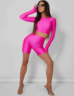 Public Desire Second Skin Long Sleeve Fitted T-Shirt Hot Pink | Women Tops