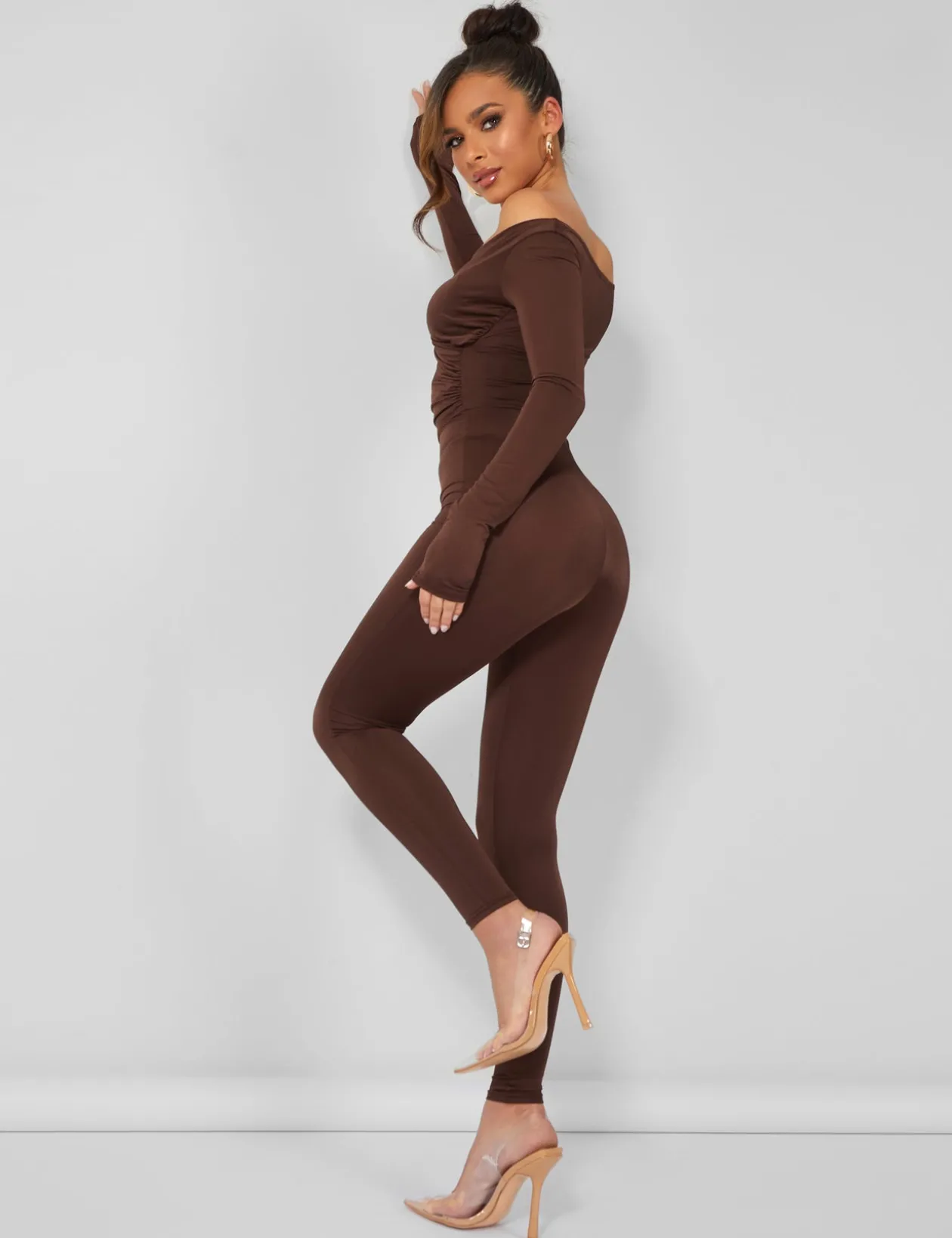 Public Desire Second Skin Off Shoulder Ruched Unitard Jumpsuit | Women Jumpsuits & Playsuits