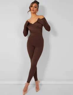 Public Desire Second Skin Off Shoulder Ruched Unitard Jumpsuit | Women Jumpsuits & Playsuits