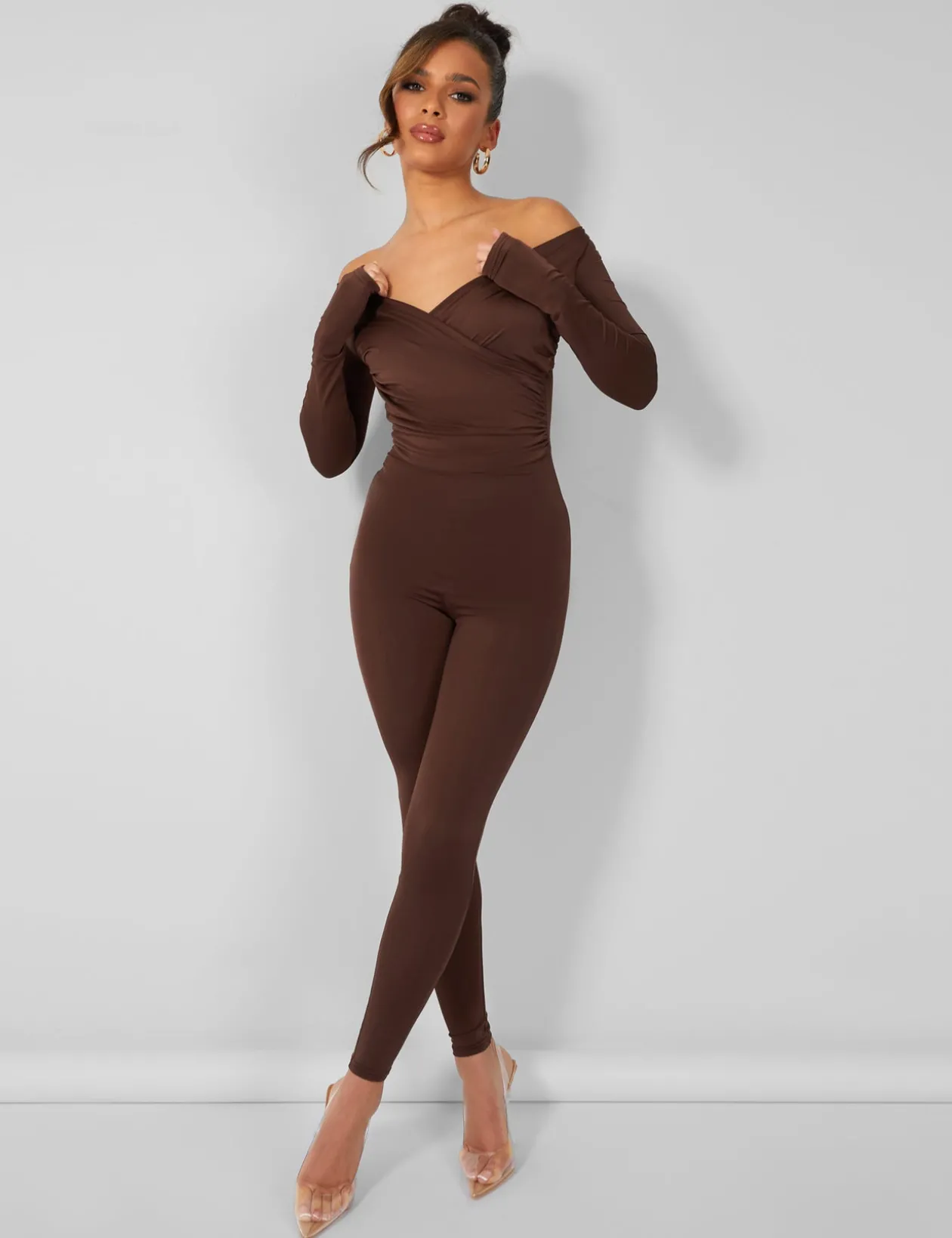 Public Desire Second Skin Off Shoulder Ruched Unitard Jumpsuit | Women Jumpsuits & Playsuits