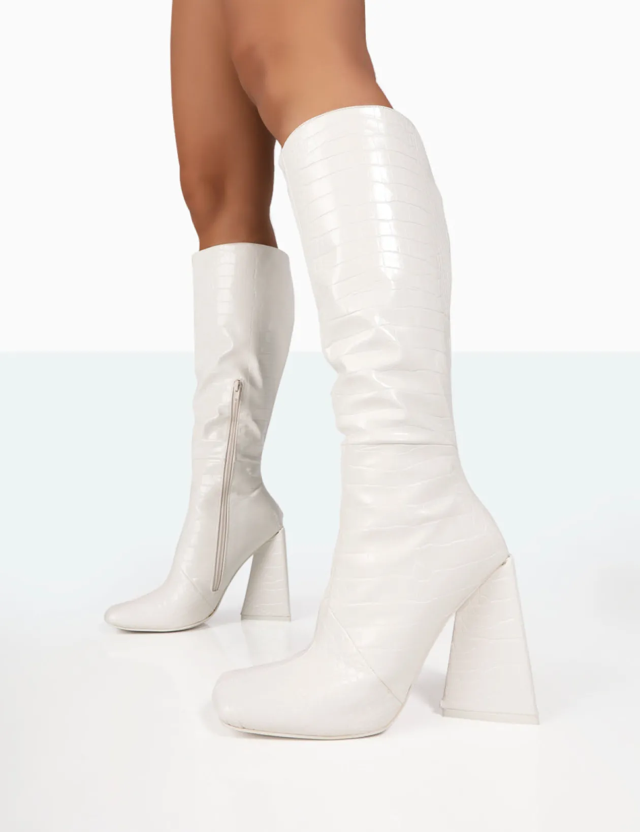 Public Desire Senna Croc Pu Knee High Block Heel Boots | Women Knee High Boots