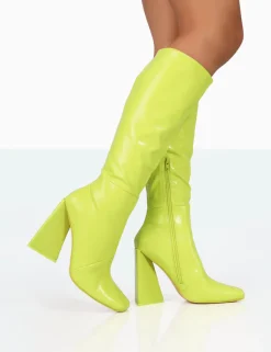 Public Desire Senna Lime Pu Knee High Block Heel Boots | Women Knee High Boots